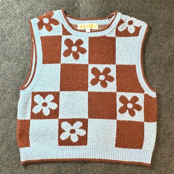 SugarMoon Sweaters - Sugar Moon Sweater Vest Womens Size L Light Blue Brown Check Floral